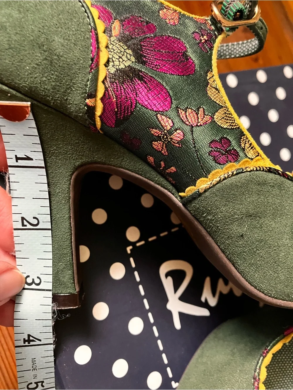 Rudy Shoes Women's Green Suede Mary Jane Heels with Floral Accent